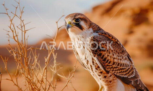 الفخر بالتراث السعودي العريق في تربية طائر الصقر، صورة مقربة لطائر الصقر يقف في إحدى المحميات الطبيعية، حدة البصر و رمز القوة والتحدي، تدريب وترويض الطيور الجارحة والمفترسة، إقامة نادي الصقور في موسم الصيد السنوي في المملكة العربية السعودية