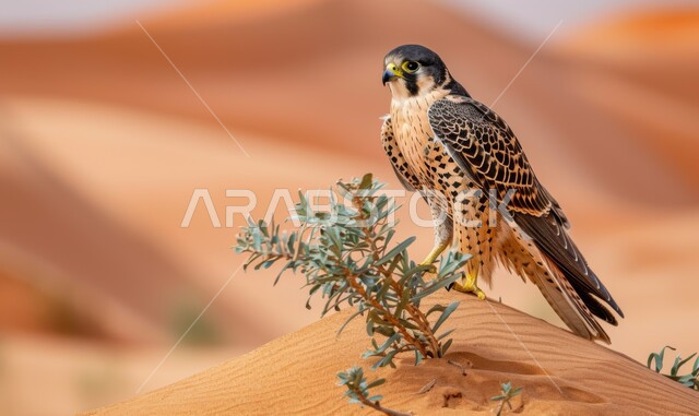 الفخر بالتراث السعودي العريق في تربية طائر الصقر، صورة مقربة لطائر الصقر يقف في إحدى المحميات الطبيعية، حدة البصر و رمز القوة والتحدي، تدريب وترويض الطيور الجارحة والمفترسة، إقامة نادي الصقور في موسم الصيد السنوي في المملكة العربية السعودية