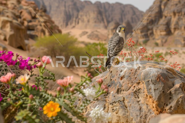  رمز القوة والتحدي وحدة البصر، تدريب وترويض الطيور الجارحة والمفترسة في صحاري المملكة العربية السعودية، صورة مقربة  لطائر صقر يقف على صخرة في إحدى المحميات الطبيعية المليئه بالنباتات والأعشاب البرية