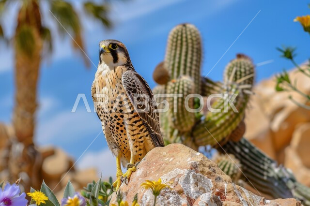  رمز القوة والتحدي وحدة البصر، تدريب وترويض الطيور الجارحة والمفترسة في صحاري المملكة العربية السعودية، صورة مقربة  لطائر صقر يقف على صخرة في إحدى المحميات الطبيعية المليئه بالنباتات والأعشاب البرية