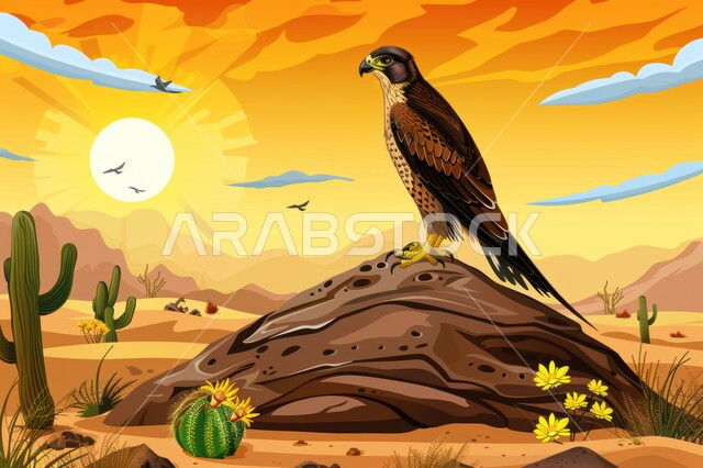 تدريب وترويض الطيور الجارحة والمفترسة في صحاري المملكة العربية السعودية، رسوم توضيحية لطائر صقر يقف على صخرة في إحدى المحميات الطبيعية المليئه بالنباتات والأعشاب البرية, رمز القوة والتحدي وحدة البصر