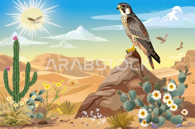 تدريب وترويض الطيور الجارحة والمفترسة في صحاري المملكة العربية السعودية، رسوم توضيحية لطائر صقر يقف على صخرة في إحدى المحميات الطبيعية المليئه بالنباتات والأعشاب البرية, رمز القوة والتحدي وحدة البصر