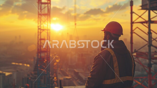 الإعمار بسواعد أبناء الوطن, مفهوم الهندسة والإنشاءات المعمارية، صورة من الخلف لمهندس عربي خليجي سعودي يرتدي خوذة و سترة الحماية يشرف على تطبيق الخطط الهندسية، العمل في القطاع الهندسي، مهن ووظائف سعودية