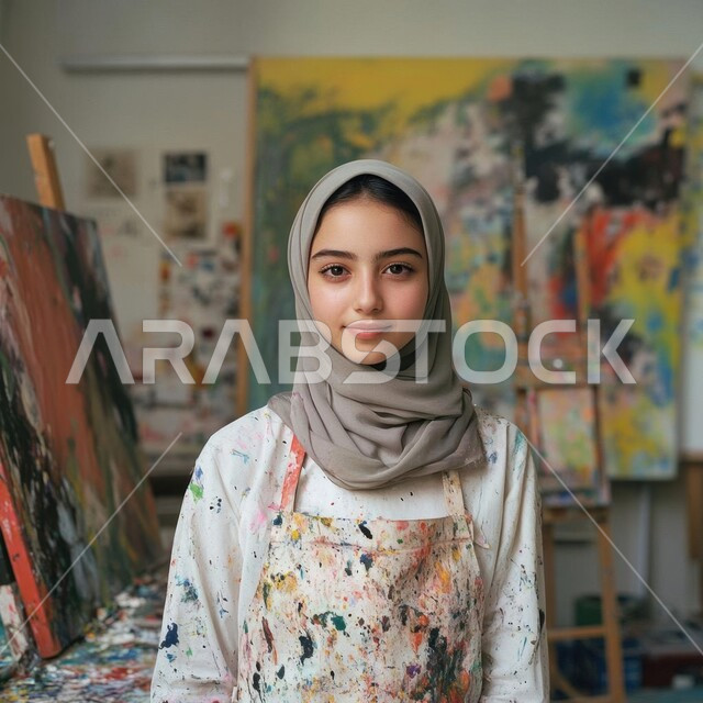 The concept of femininity and softness, a close-up of a Saudi Gulf Arab girl wearing the hijab and standing in an art workshop, learning and the passion of love for drawing, learning, creativity and developing skills, spending enjoyable times,