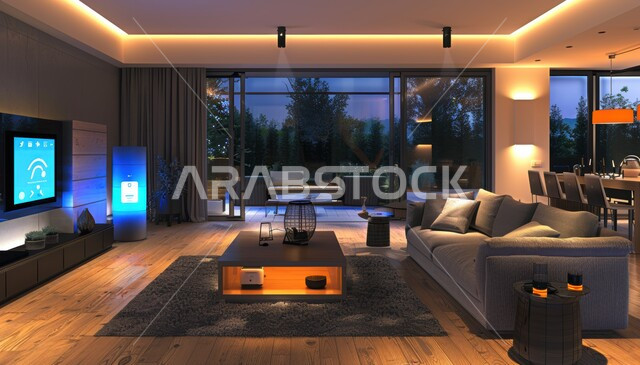 Elegant designs for comfortable living rooms in modern style, large glass facades and windows, living room with luxury home furniture, high-end interiors, villas and apartments in the Kingdom of Saudi Arabia