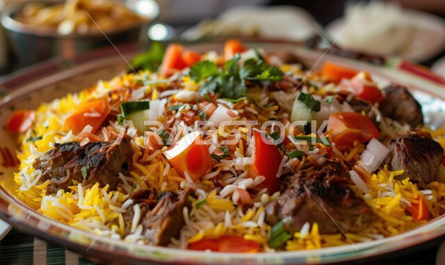 وصفات الطعام الصحية الشهية، صورة مقربة لصحن من رز الكبسة المطهي مع الخضراوات الطازجة، فنون تقديم الطعام في المطاعم الشرقية بالمملكة العربية السعودية، مأكولات وأطباق عربية تقليدية، طبق من أرز البرياني مع قطع من الدجاج المشوي