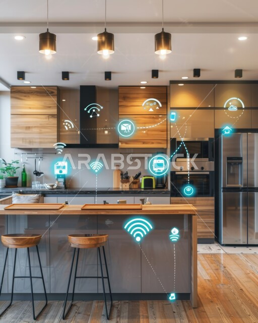 العناصر والرموز الهولوجرامية الثلاثية الابعاد على الاثاث المنزلي, التصاميم الأنيقة لغرف الجلوس المريحة على الطراز الحديث, غرفة معيشة مع أثاث فاخر, استخدام التقنيات الالكترونية الحديثه، النمو والتقدم التكنولوجي 