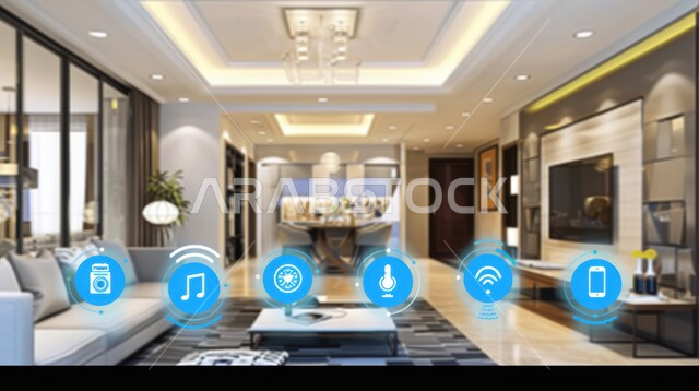 Three-dimensional holographic elements and symbols on home furniture, elegant designs for comfortable living rooms in a modern style, a living room with luxury furniture, the use of modern electronic technologies, growth and technological progress