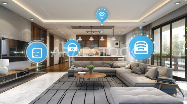 العناصر والرموز الهولوجرامية الثلاثية الابعاد على الاثاث المنزلي, التصاميم الأنيقة لغرف الجلوس المريحة على الطراز الحديث, غرفة معيشة مع أثاث فاخر, استخدام التقنيات الالكترونية الحديثه، النمو والتقدم التكنولوجي 