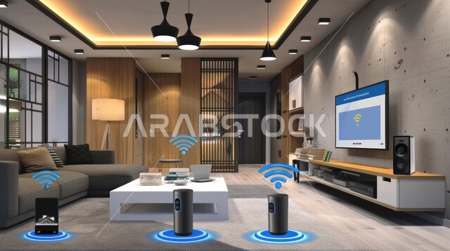 Three-dimensional holographic elements and symbols on home furniture, elegant designs for comfortable living rooms in a modern style, a living room with luxury furniture, the use of modern electronic technologies, growth and technological progress