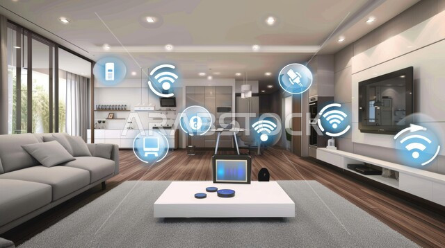 العناصر والرموز الهولوجرامية الثلاثية الابعاد على الاثاث المنزلي, التصاميم الأنيقة لغرف الجلوس المريحة على الطراز الحديث, غرفة معيشة مع أثاث فاخر, استخدام التقنيات الالكترونية الحديثه، النمو والتقدم التكنولوجي 