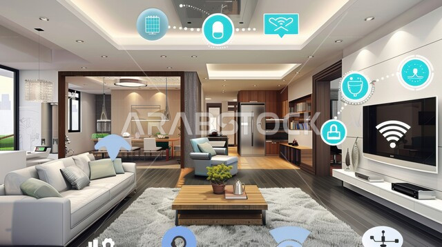 Three-dimensional holographic elements and symbols on home furniture, elegant designs for comfortable living rooms in a modern style, a living room with luxury furniture, the use of modern electronic technologies, growth and technological progress