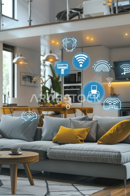 العناصر والرموز الهولوجرامية الثلاثية الابعاد على الاثاث المنزلي, التصاميم الأنيقة لغرف الجلوس المريحة على الطراز الحديث, غرفة معيشة مع أثاث فاخر, استخدام التقنيات الالكترونية الحديثه، النمو والتقدم التكنولوجي 