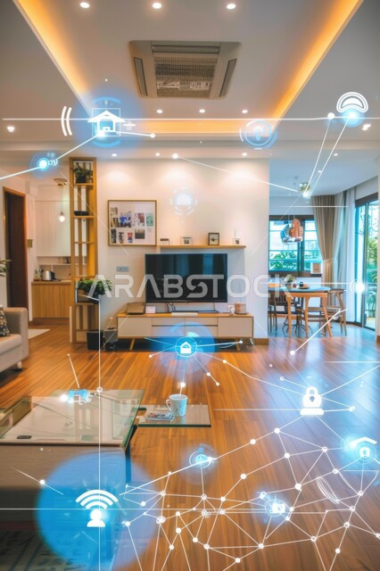 العناصر والرموز الهولوجرامية الثلاثية الابعاد على الاثاث المنزلي, التصاميم الأنيقة لغرف الجلوس المريحة على الطراز الحديث, غرفة معيشة مع أثاث فاخر, استخدام التقنيات الالكترونية الحديثه، النمو والتقدم التكنولوجي 