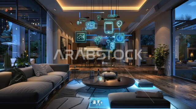 النمو والتقدم التكنولوجي, العناصر والرموز الهولوجرامية الثلاثية الابعاد على الاثاث المنزلي, التصاميم الأنيقة لغرف الجلوس المريحة على الطراز الحديث, غرفة معيشة مع أثاث فاخر, استخدام التقنيات الالكترونية الحديثه