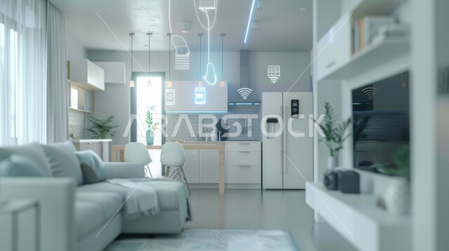 النمو والتقدم التكنولوجي, العناصر والرموز الهولوجرامية الثلاثية الابعاد على الاثاث المنزلي, التصاميم الأنيقة لغرف الجلوس المريحة على الطراز الحديث, غرفة معيشة مع أثاث فاخر, استخدام التقنيات الالكترونية الحديثه