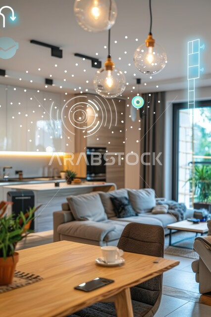 Technological growth and progress, three-dimensional holographic elements and symbols on home furniture, elegant designs for comfortable living rooms in a modern style, a living room with luxury furniture, the use of modern electronic technologies
