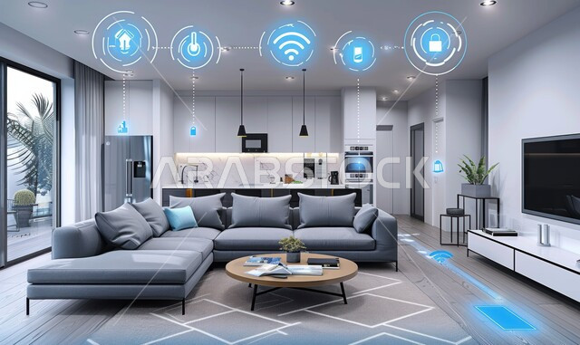 النمو والتقدم التكنولوجي, العناصر والرموز الهولوجرامية الثلاثية الابعاد على الاثاث المنزلي, التصاميم الأنيقة لغرف الجلوس المريحة على الطراز الحديث, غرفة معيشة مع أثاث فاخر, استخدام التقنيات الالكترونية الحديثه