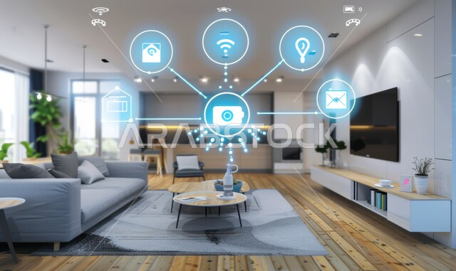 النمو والتقدم التكنولوجي, العناصر والرموز الهولوجرامية الثلاثية الابعاد على الاثاث المنزلي, التصاميم الأنيقة لغرف الجلوس المريحة على الطراز الحديث, غرفة معيشة مع أثاث فاخر, استخدام التقنيات الالكترونية الحديثه