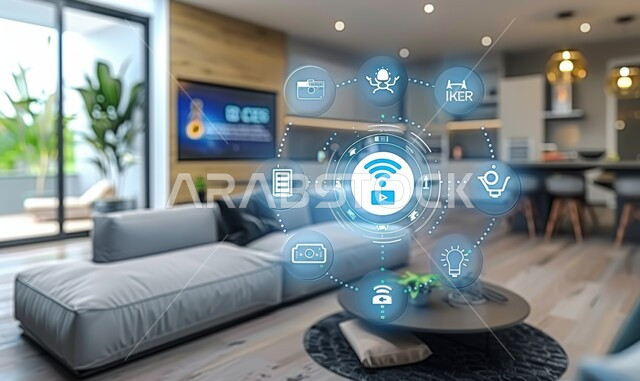 النمو والتقدم التكنولوجي, العناصر والرموز الهولوجرامية الثلاثية الابعاد على الاثاث المنزلي, التصاميم الأنيقة لغرف الجلوس المريحة على الطراز الحديث, غرفة معيشة مع أثاث فاخر, استخدام التقنيات الالكترونية الحديثه