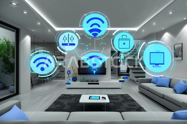 النمو والتقدم التكنولوجي, العناصر والرموز الهولوجرامية الثلاثية الابعاد على الاثاث المنزلي, التصاميم الأنيقة لغرف الجلوس المريحة على الطراز الحديث, غرفة معيشة مع أثاث فاخر, استخدام التقنيات الالكترونية الحديثه