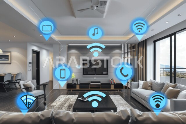 النمو والتقدم التكنولوجي, العناصر والرموز الهولوجرامية الثلاثية الابعاد على الاثاث المنزلي, التصاميم الأنيقة لغرف الجلوس المريحة على الطراز الحديث, غرفة معيشة مع أثاث فاخر, استخدام التقنيات الالكترونية الحديثه