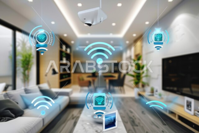 النمو والتقدم التكنولوجي, العناصر والرموز الهولوجرامية الثلاثية الابعاد على الاثاث المنزلي, التصاميم الأنيقة لغرف الجلوس المريحة على الطراز الحديث, غرفة معيشة مع أثاث فاخر, استخدام التقنيات الالكترونية الحديثه