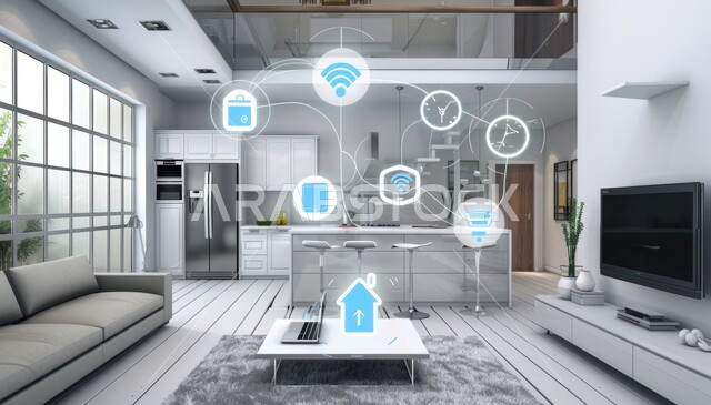  استخدام التقنيات الالكترونية الحديثه, النمو والتقدم التكنولوجي, العناصر والرموز الهولوجرامية الثلاثية الابعاد على الاثاث المنزلي, التصاميم الأنيقة لغرف الجلوس المريحة على الطراز الحديث, غرفة معيشة مع أثاث فاخر