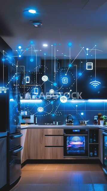 The use of modern electronic technologies, technological growth and progress, three-dimensional holographic elements and symbols on home furniture, modern-style kitchen interior design, modern decorations for luxury kitchens in the Kingdom of Saudi Arabia,