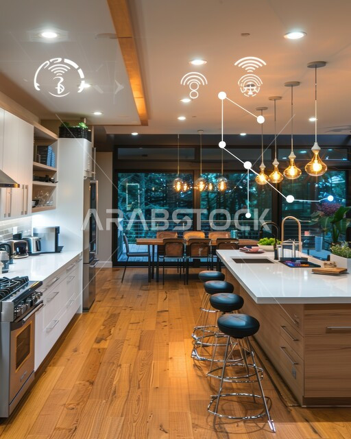 The use of modern electronic technologies, technological growth and progress, three-dimensional holographic elements and symbols on home furniture, modern-style kitchen interior design, modern decorations for luxury kitchens in the Kingdom of Saudi Arabia,