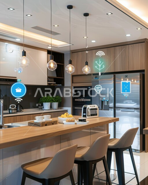 استخدام التقنيات الالكترونية الحديثه, النمو والتقدم التكنولوجي, العناصر والرموز الهولوجرامية الثلاثية الابعاد على الاثاث المنزلي, تصميم داخلي لمطبخ على الطراز الحديث, الديكورات العصرية للمطابخ الفاخرة في المملكة العربية السعودية،