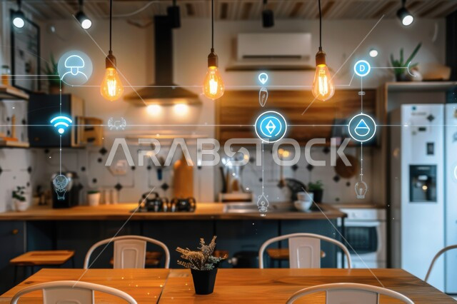 استخدام التقنيات الالكترونية الحديثه, النمو والتقدم التكنولوجي, العناصر والرموز الهولوجرامية الثلاثية الابعاد على الاثاث المنزلي, تصميم داخلي لمطبخ على الطراز الحديث, الديكورات العصرية للمطابخ الفاخرة في المملكة العربية السعودية،