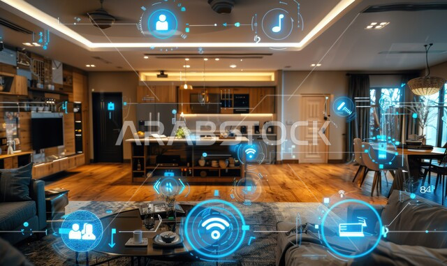 استخدام التقنيات الالكترونية الحديثه, النمو والتقدم التكنولوجي, العناصر والرموز الهولوجرامية الثلاثية الابعاد على الاثاث المنزلي, تصميم داخلي لمطبخ على الطراز الحديث, الديكورات العصرية للمطابخ الفاخرة في المملكة العربية السعودية،