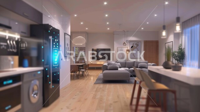 استخدام التقنيات الالكترونية الحديثه, النمو والتقدم التكنولوجي, العناصر والرموز الهولوجرامية الثلاثية الابعاد على الاثاث المنزلي, تصميم داخلي لمطبخ على الطراز الحديث, الديكورات العصرية للمطابخ الفاخرة في المملكة العربية السعودية،