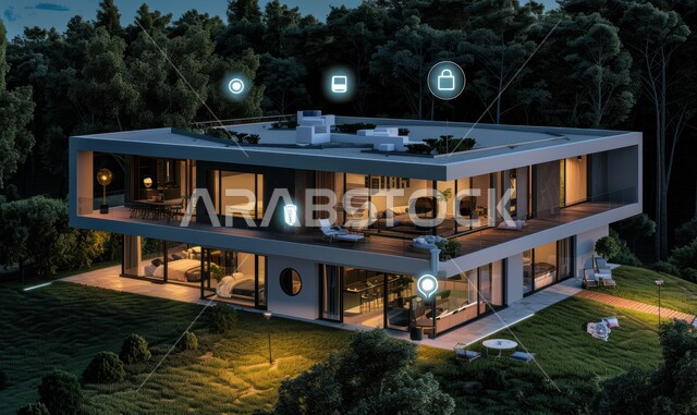 استخدام التقنيات الالكترونية الحديثه, النمو والتقدم التكنولوجي, العناصر والرموز الهولوجرامية الثلاثية الابعاد على اطراف المنزل, الديكورات والتصاميم الخارجيه الحديثة لبيت فاخر عصري, الفن الهندسي المعماري على الطراز الحديث للفلل والشقق السكنية في المملكه العربيه السعوديه