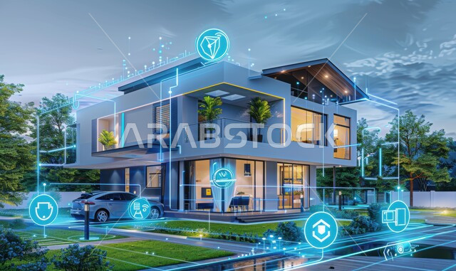 استخدام التقنيات الالكترونية الحديثه, النمو والتقدم التكنولوجي, العناصر والرموز الهولوجرامية الثلاثية الابعاد على اطراف المنزل, الديكورات والتصاميم الخارجيه الحديثة لبيت فاخر عصري, الفن الهندسي المعماري على الطراز الحديث للفلل والشقق السكنية في المملكه العربيه السعوديه