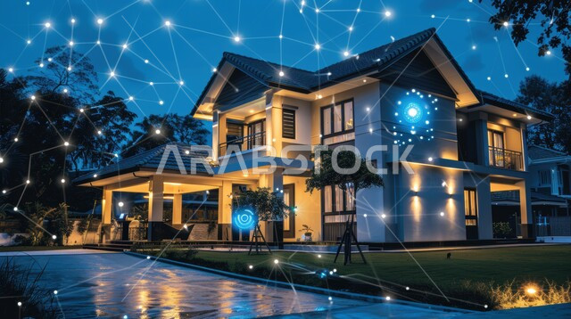 استخدام التقنيات الالكترونية الحديثه, النمو والتقدم التكنولوجي, العناصر والرموز الهولوجرامية الثلاثية الابعاد على اطراف المنزل, الديكورات والتصاميم الخارجيه الحديثة لبيت فاخر عصري, الفن الهندسي المعماري على الطراز الحديث للفلل والشقق السكنية في المملكه العربيه السعوديه