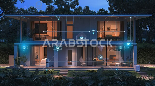 استخدام التقنيات الالكترونية الحديثه, النمو والتقدم التكنولوجي, العناصر والرموز الهولوجرامية الثلاثية الابعاد على اطراف المنزل, الديكورات والتصاميم الخارجيه الحديثة لبيت فاخر عصري, الفن الهندسي المعماري على الطراز الحديث للفلل والشقق السكنية في المملكه العربيه السعوديه