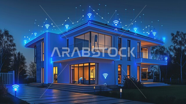 استخدام التقنيات الالكترونية الحديثه, النمو والتقدم التكنولوجي, العناصر والرموز الهولوجرامية الثلاثية الابعاد على اطراف المنزل, الديكورات والتصاميم الخارجيه الحديثة لبيت فاخر عصري, الفن الهندسي المعماري على الطراز الحديث للفلل والشقق السكنية في المملكه العربيه السعوديه