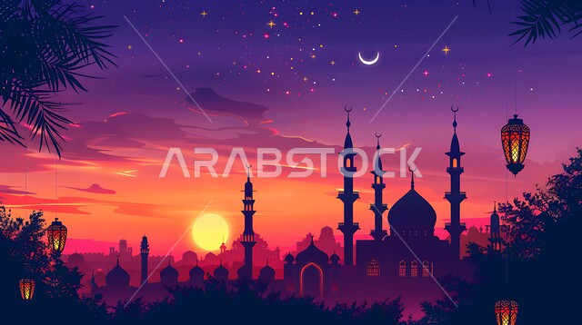 أماكن آداء الفرائض والصلوات في المملكه العربية السعودية، الفن الهندسي المعماري للقبب والمآذن، العبادة والتقرب إلى الله، الزينة والفوانيس الرمضانية، الإحتفال بقدوم شهر رمضان المبارك، صورة ظلية لمسجد على الطراز العربي الإسلامي في وقت غروب الشمس، سالوييت
