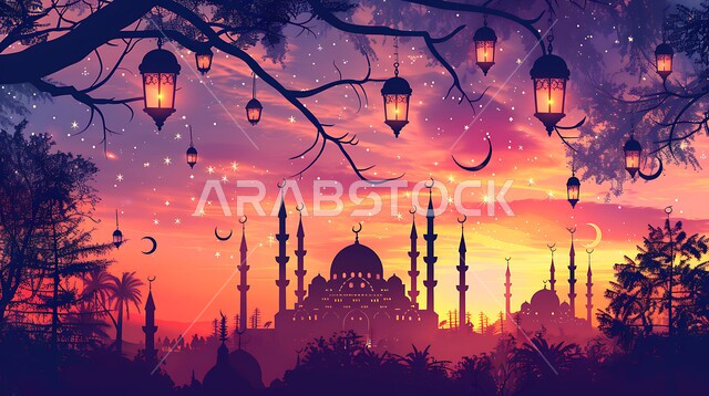 الإحتفال بقدوم شهر رمضان المبارك، أماكن آداء الفرائض والصلوات في المملكه العربية السعودية، الفن الهندسي المعماري للقبب والمآذن، العبادة والتقرب إلى الله، الزينة والفوانيس الرمضانية، صورة ظلية لمسجد على الطراز العربي الإسلامي في وقت غروب الشمس، سالوييت