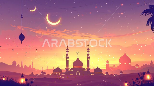 الفن الهندسي المعماري للقبب والمآذن، العبادة والتقرب إلى الله، الزينة والفوانيس الرمضانية، الإحتفال بقدوم شهر رمضان المبارك، أماكن آداء الفرائض والصلوات في المملكه العربية السعودية، صورة ظلية لمسجد على الطراز العربي الإسلامي في وقت غروب الشمس، سالوييت