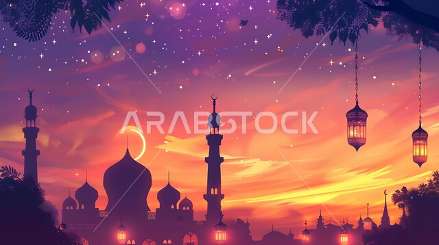 الزينة والفوانيس الرمضانية، الإحتفال بقدوم شهر رمضان المبارك،  الفن الهندسي المعماري للقبب والمآذن، العبادة والتقرب إلى الله، أماكن آداء الفرائض والصلوات في المملكه العربية السعودية، صورة ظلية لمسجد على الطراز العربي الإسلامي في وقت غروب الشمس، سالوييت