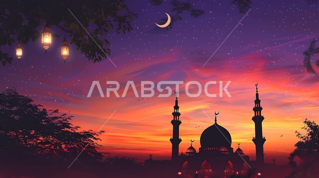 الزينة والفوانيس الرمضانية، الإحتفال بقدوم شهر رمضان المبارك، الفن الهندسي المعماري للقبب والمآذن، العبادة والتقرب إلى الله، أماكن آداء الفرائض والصلوات في المملكه العربية السعودية، صورة ظلية لمسجد على الطراز العربي الإسلامي في وقت غروب الشمس، سالوييت