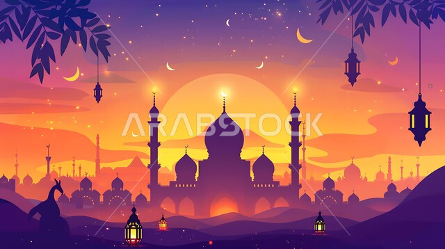 الإحتفال بقدوم شهر رمضان المبارك، أماكن آداء الفرائض والصلوات في المملكه العربية السعودية، الفن الهندسي المعماري للقبب والمآذن، العبادة والتقرب إلى الله، الزينة والفوانيس الرمضانية، صورة ظلية لمسجد على الطراز العربي الإسلامي في وقت غروب الشمس، سالوييت
