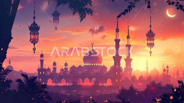 أماكن آداء الفرائض والصلوات في المملكه العربية السعودية، الفن الهندسي المعماري للقبب والمآذن، العبادة والتقرب إلى الله، الزينة والفوانيس الرمضانية، الإحتفال بقدوم شهر رمضان المبارك، صورة ظلية لمسجد على الطراز العربي الإسلامي في وقت غروب الشمس، سالوييت