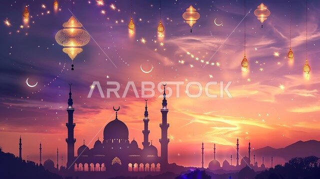 الإحتفال بقدوم شهر رمضان المبارك، الزينة والفوانيس الرمضانية،  الفن الهندسي المعماري للقبب والمآذن، العبادة والتقرب إلى الله، أماكن آداء الفرائض والصلوات في المملكه العربية السعودية، صورة ظلية لمسجد على الطراز العربي الإسلامي في وقت غروب الشمس، سالوييت