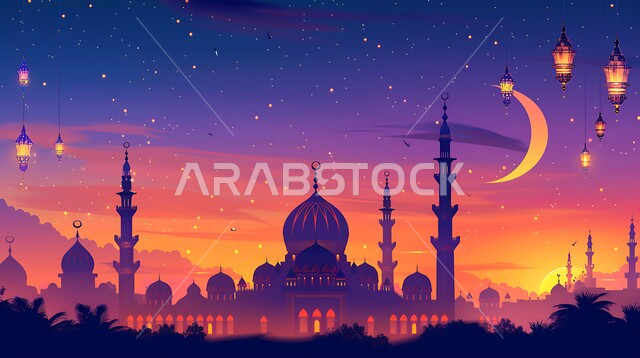 الزينة والفوانيس الرمضانية، الإحتفال بقدوم شهر رمضان المبارك،  الفن الهندسي المعماري للقبب والمآذن، العبادة والتقرب إلى الله، أماكن آداء الفرائض والصلوات في المملكه العربية السعودية، صورة ظلية لمسجد على الطراز العربي الإسلامي في وقت غروب الشمس، سالوييت