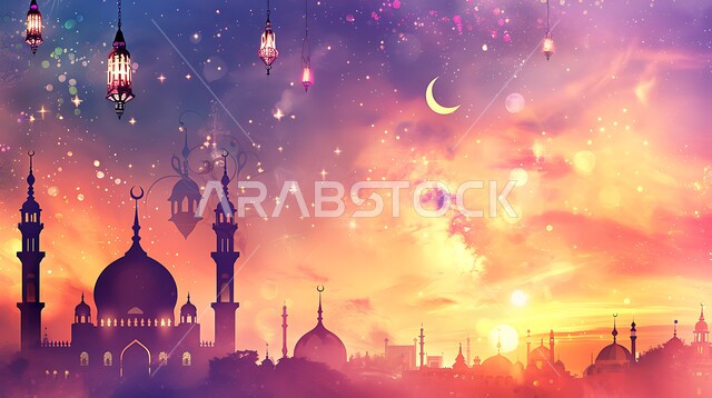 الإحتفال بقدوم شهر رمضان المبارك، الزينة والفوانيس الرمضانية،  الفن الهندسي المعماري للقبب والمآذن، العبادة والتقرب إلى الله، أماكن آداء الفرائض والصلوات في المملكه العربية السعودية، صورة ظلية لمسجد على الطراز العربي الإسلامي في وقت غروب الشمس، سالوييت