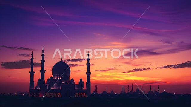 الفن الهندسي المعماري للقبب والمآذن، صورة ظلية لمسجد على الطراز العربي الإسلامي، العبادة والتقرب إلى الله، منظر السماء المليئه بالسحب في وقت غروب الشمس، أماكن آداء الفرائض والصلوات في المملكه العربية السعودية، سالوييت